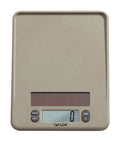 Taylor 11 lb digital kitchen scale front view with beige speckled finish and empty weighing tray