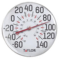 12 inch round metal patio thermometer with bold Fahrenheit numbers and Taylor logo