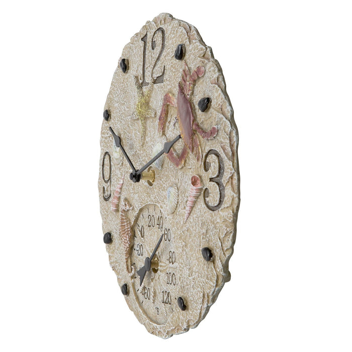 Angled side view of the 12 inch seashells clock with textured shell surface and decorative shells
