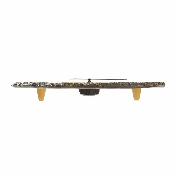 Side view of a round tree trunk cross section thermometer with rough bark edge and central mounting hardware