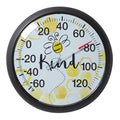 13.25 inch Bee Kind thermometer close up showing bee illustration and honeycomb accents.