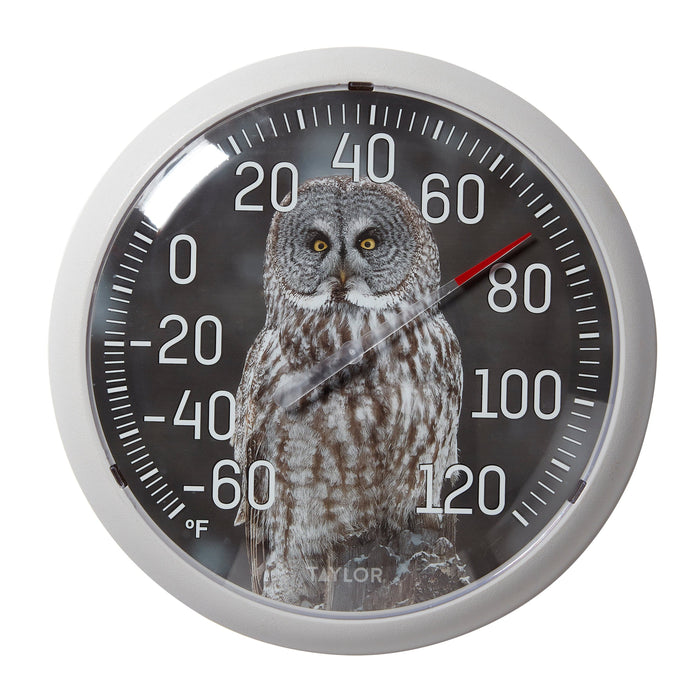 Close up of 13.25 inch Nature Series Owl Thermometer showing an owl portrait on a black dial.