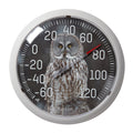 Close up of 13.25 inch Nature Series Owl Thermometer showing an owl portrait on a black dial.