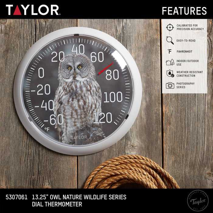 Taylor features banner displaying the 13.25 inch Owl Nature Wildlife Series Dial Thermometer against a wooden backdrop with icons.
