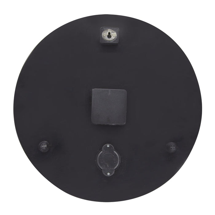 Back view of the clock in black showing mounting plate and connection points.