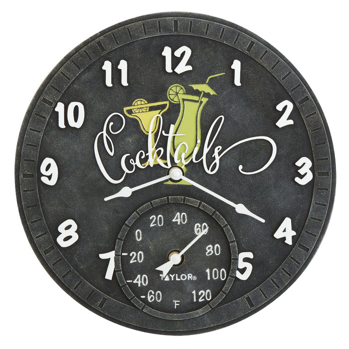 Close up of a black 14 inch Cocktails Clock face with white numerals and a thermometer at the bottom