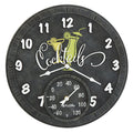 Close up of a black 14 inch Cocktails Clock face with white numerals and a thermometer at the bottom