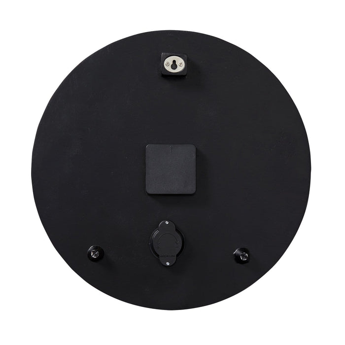 Back view of the 14 inch Galaxy Glow in the Dark Clock with Thermometer showing wall mount plate on a black circular base