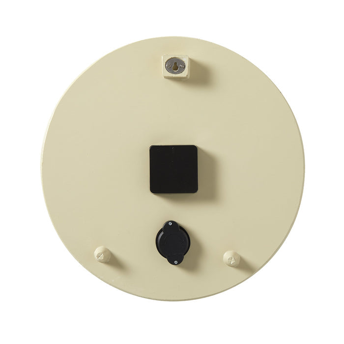 Back view of round beige hibiscus clock with a square mounting block at its top edge