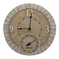 Front view of a 14 inch terra cotta stone clock with thermometer, beige textured surface and large white numerals 12 3 9
