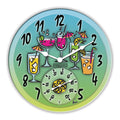 14 inch tropical drink clock with thermometer showing colorful cocktails on a teal background.