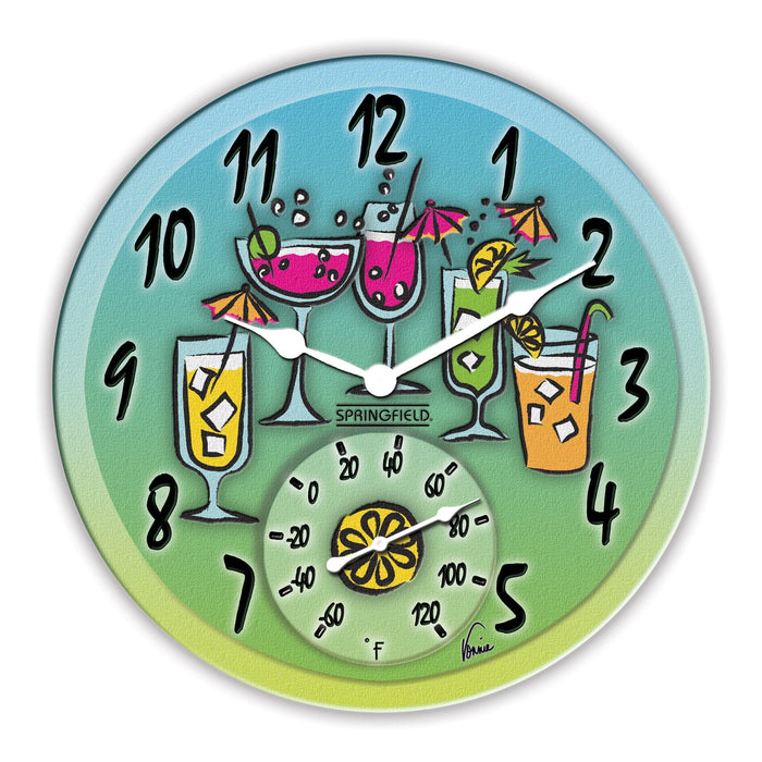 14 inch tropical drink clock with thermometer showing colorful cocktails on a teal background.