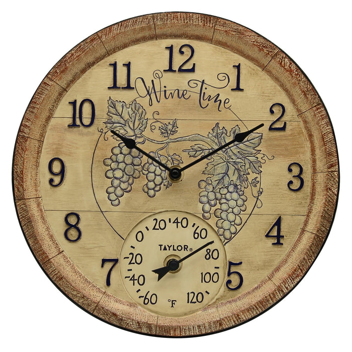 Side view of a rustic 14 inch wine time clock with a grape design and built in thermometer