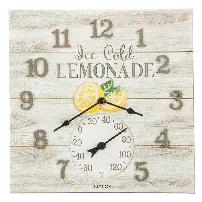Square lemonade clock on a light wood background featuring a lemon graphic and thermometer dial at the bottom