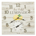 Square lemonade clock on a light wood background featuring a lemon graphic and thermometer dial at the bottom