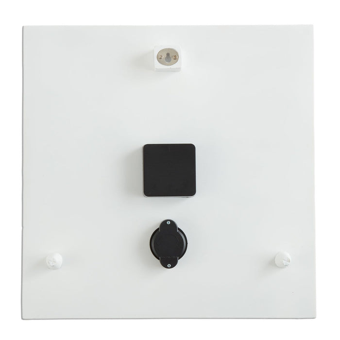 Back view of a white square Lemonade Clock with Thermometer showing mounting hardware and a bottom control knob.