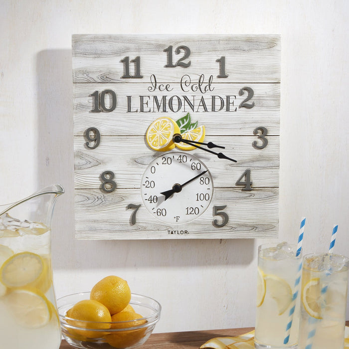 Front view of the 14x14 Lemonade Clock with Thermometer featuring bold numerals lemon graphic and thermometer dial.