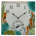 Front view of a 14x14 inch Seahorse Clock with Thermometer featuring decorative seahorses and teal sea plants.