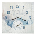 14x14 Winter Wonderland clock with thermometer on a snowy blue design.