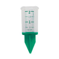 Close-up of a 2 inch silicone sprinkler gauge with green markings on a white housing.