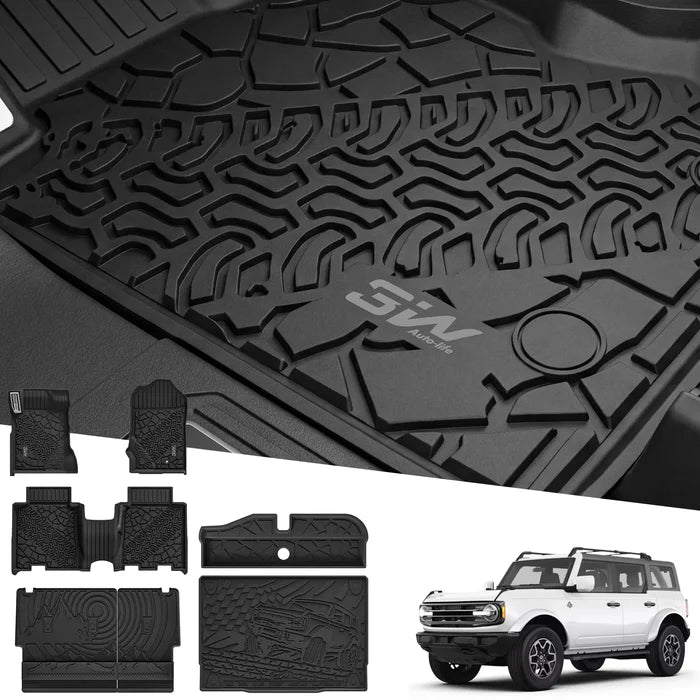 3W Floor Mats with Metal Pedal for 2021-2025 2026 Ford Bronco 4-Door
Full Protection include underfloor storage mat,All Weather TPE Custom Fit Bronco Floor Liners Cargo Liner Seat Back Protector Set