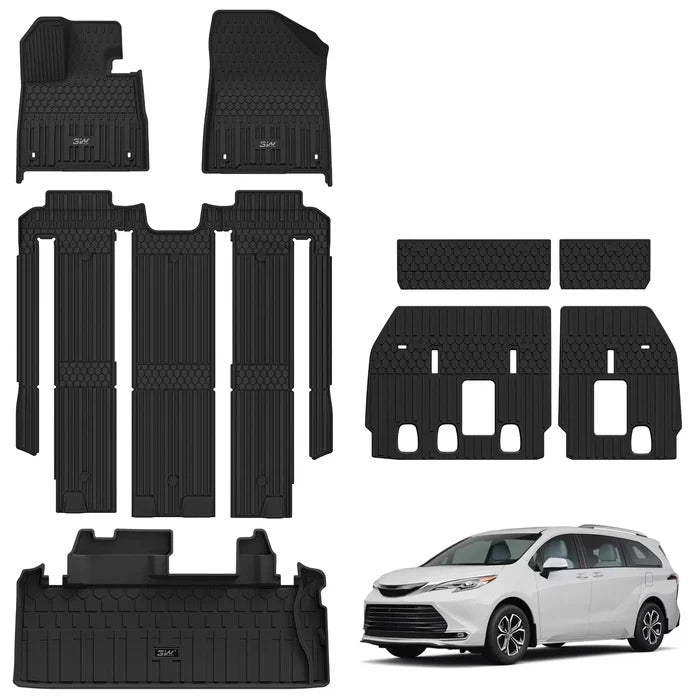 3W Floor Mats & Trunk Mat& Backrest Mats for Toyota Sienna 2021-2026 (Only for 7 Seat), TPE All Weather Custom Fit Floor Liner for Sienna 1st, 2nd and 3rd Row and Cargo Mat, Black, Car Accessories