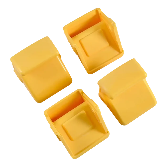 Yellow plastic chair leg protectors or floor glides.