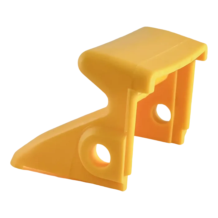 Yellow plastic corner protector or edge guard with two circular holes.