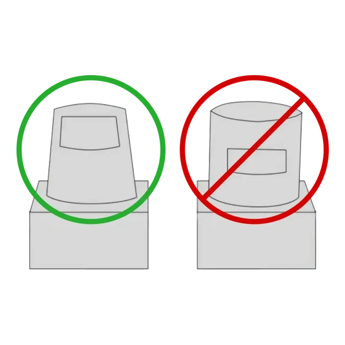 Simple diagram showing correct vs incorrect cup positioning for Coats Tire Machine Duck Head