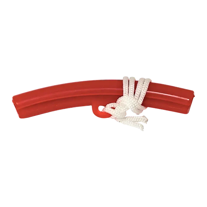 Red plastic rim protector with white rope on AA handle for tire changing