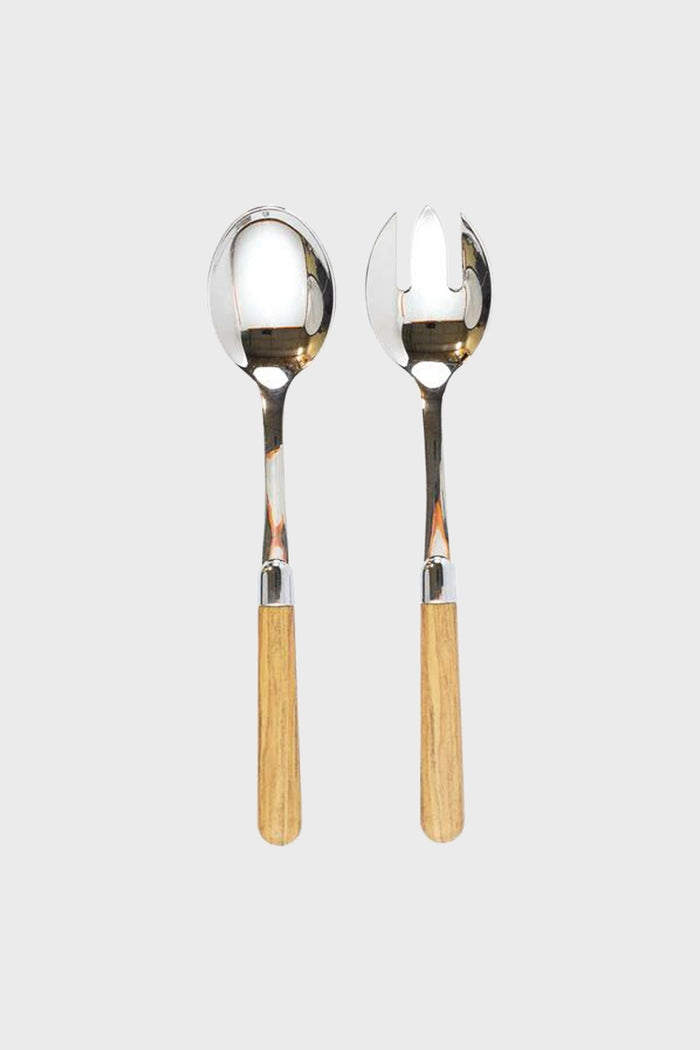 Albero Oak Salad Server Set features a classic, effortless design with polished metal heads and wooden handles, combining fun and high-end style for any dining occasion.