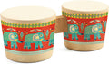 Wooden bongo drums with elephant design on a white background