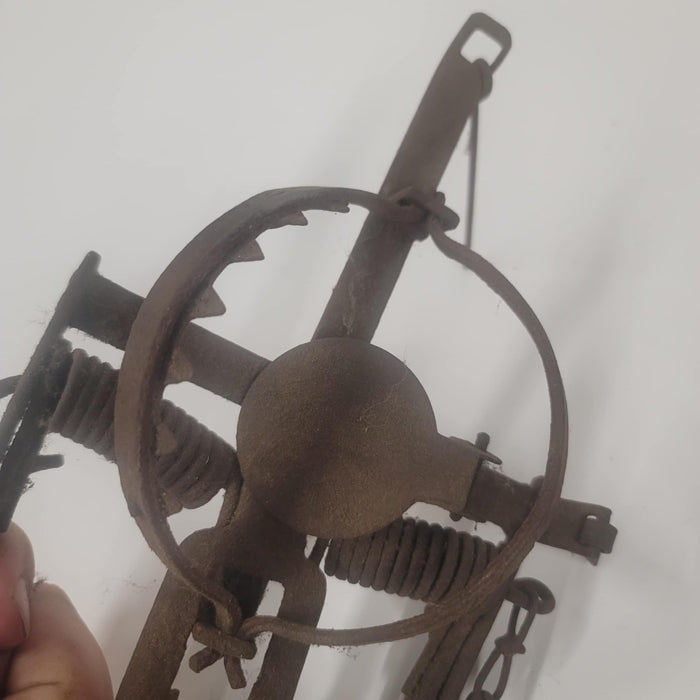 Antique Iron Fur Trap with Chain – Early 20th Century Double Spring Trap