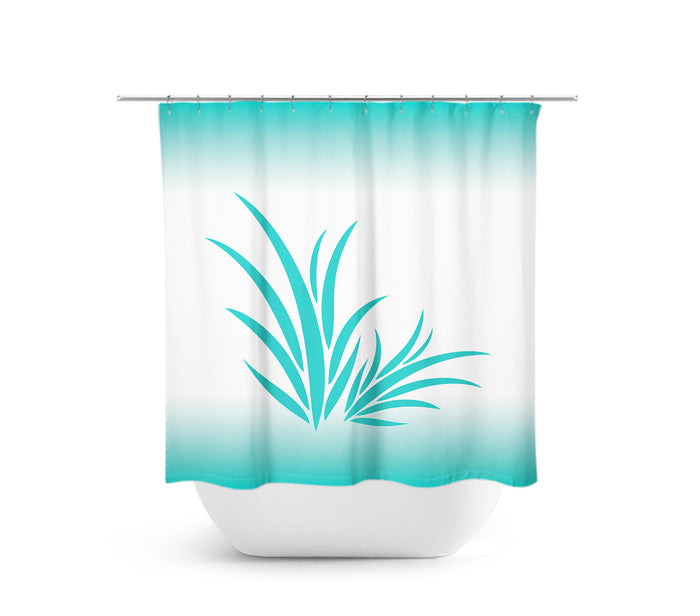 A fabric shower curtain featuring a design of aqua seaweed on a white background with a white rod and white buttons.