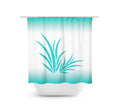 A fabric shower curtain featuring a design of aqua seaweed on a white background with a white rod and white buttons.