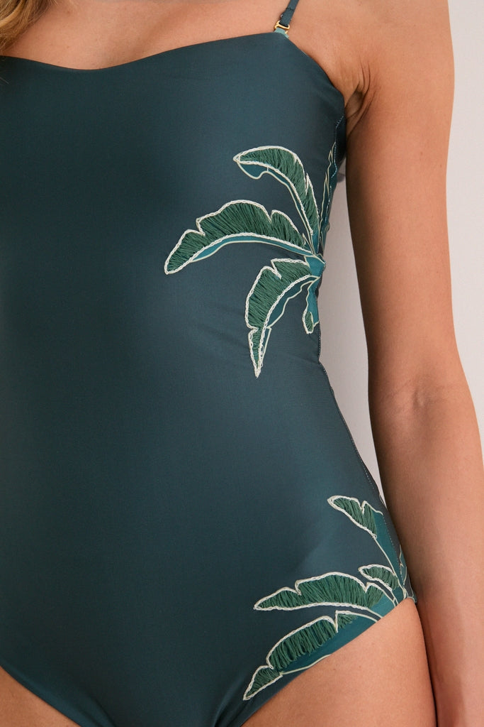 Aquamarine Palms Esteros hand Embroidered One Piece