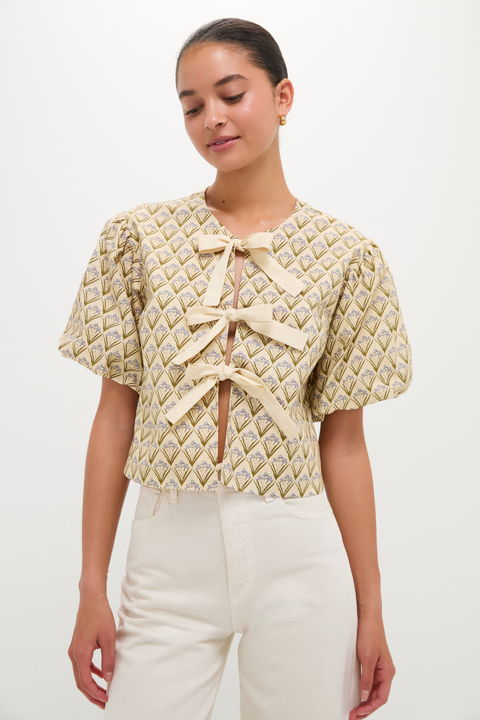 Beige Trellis Floral Tie Crossvine Blouse