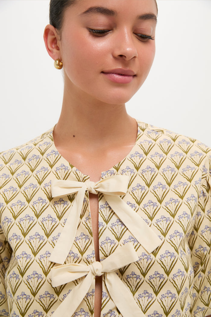 Beige Trellis Floral Tie Crossvine Blouse