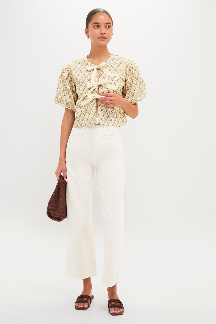 Beige Trellis Floral Tie Crossvine Blouse