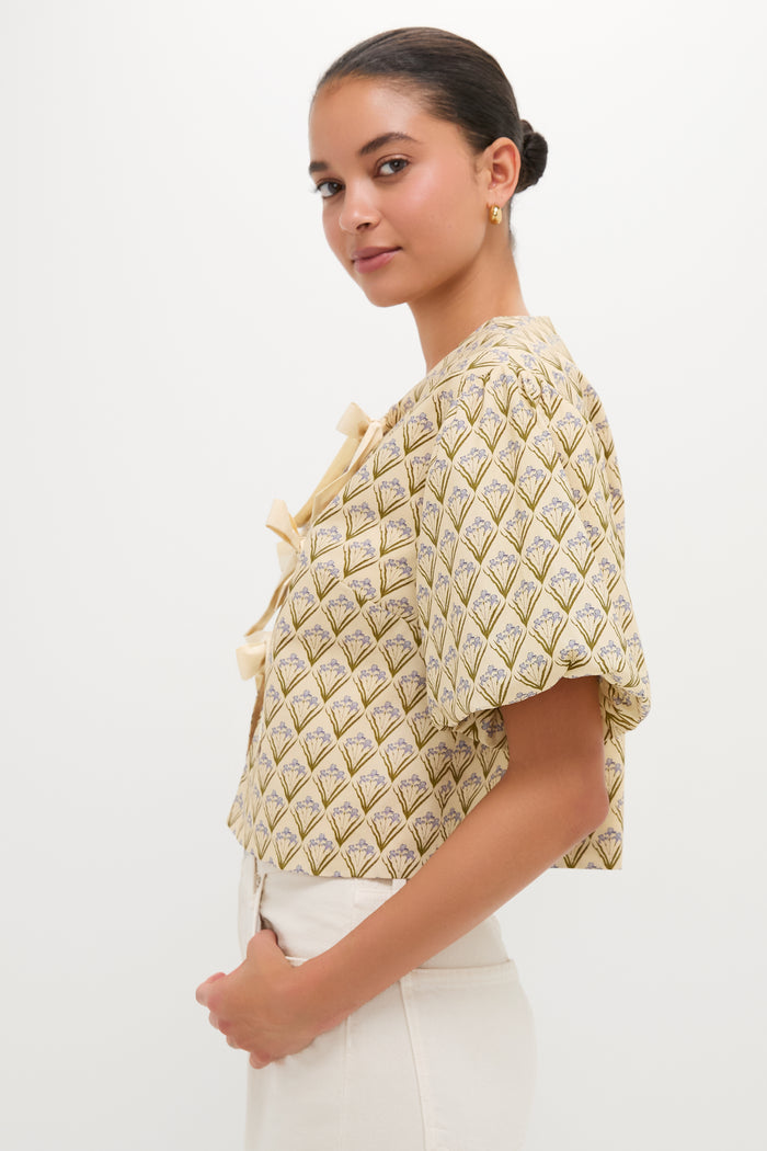 Beige Trellis Floral Tie Crossvine Blouse