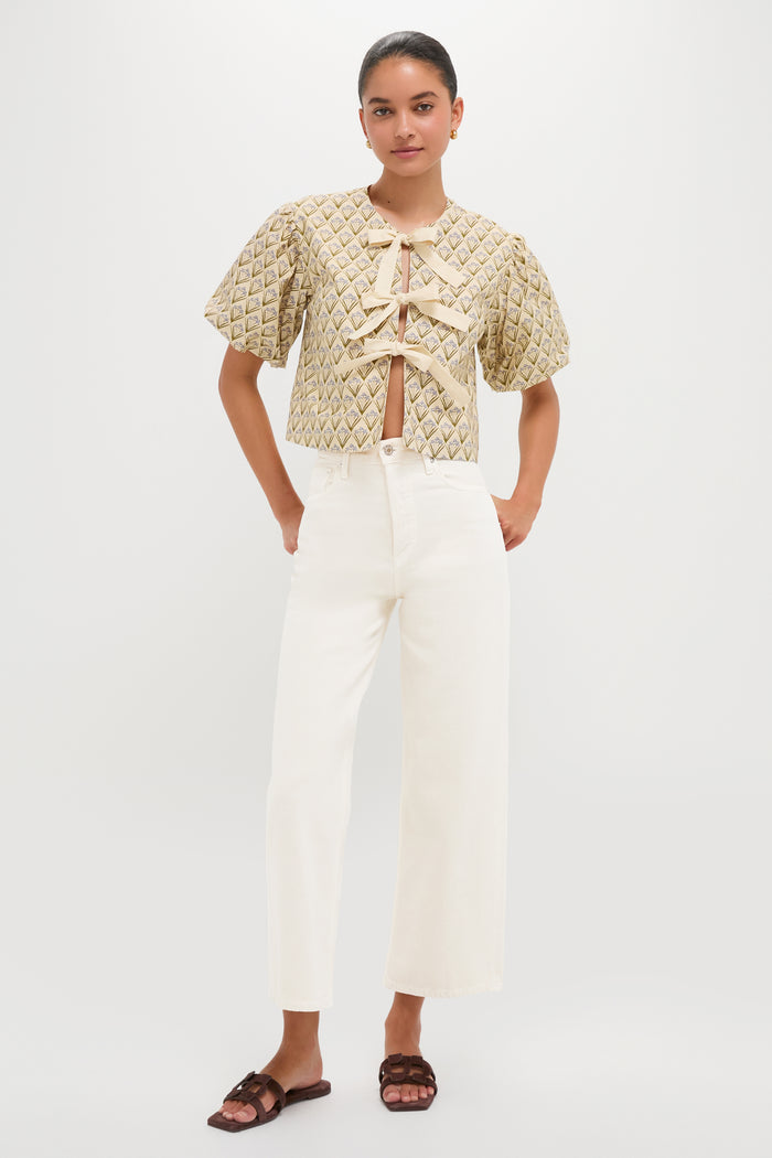 Beige Trellis Floral Tie Crossvine Blouse