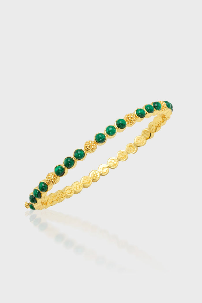 Berry Gem Petite Hinged Bangle - Malachite: Elegant gold-tone bangles; one adorned with green malachite and gold beads, the other with a classic hammered, scalloped pattern for an effortless, high-end look.