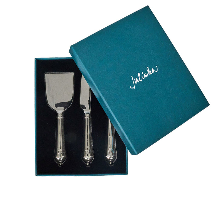 Berry & Thread Cheese Knife Assorted Set of 3 in a teal-blue gift box, showcasing classic, high-end stainless steel spreaders with effortless Berry & Thread detailing for fun, elegant entertaining.