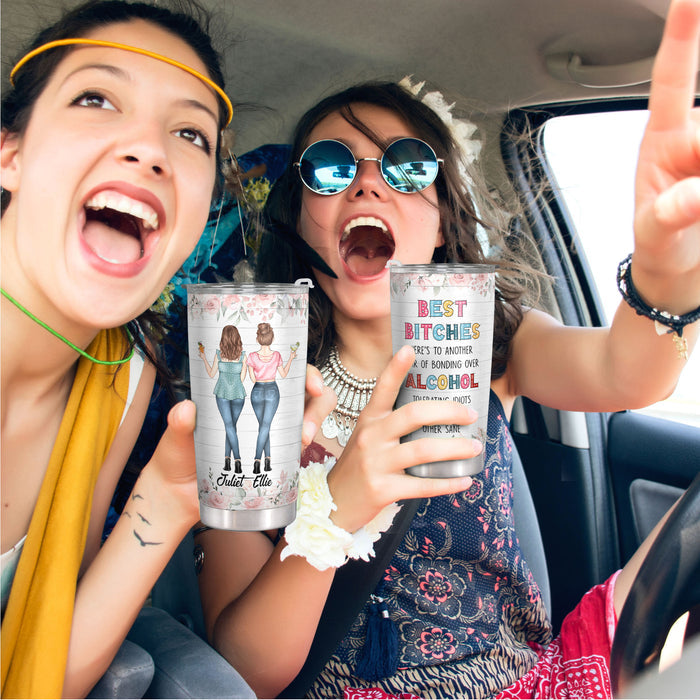 Best Bitches - Alcohol - Floral Personalized Custom Tumbler - Birthday Gift For Best Friend, Bestie, BFF