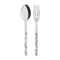 The Sabre Bistro Dune Salad Set includes a metal spoon and fork made from 18/10 stainless steel with shiny finishes and handcrafted acrylic handles in a wavy grey and black pattern.