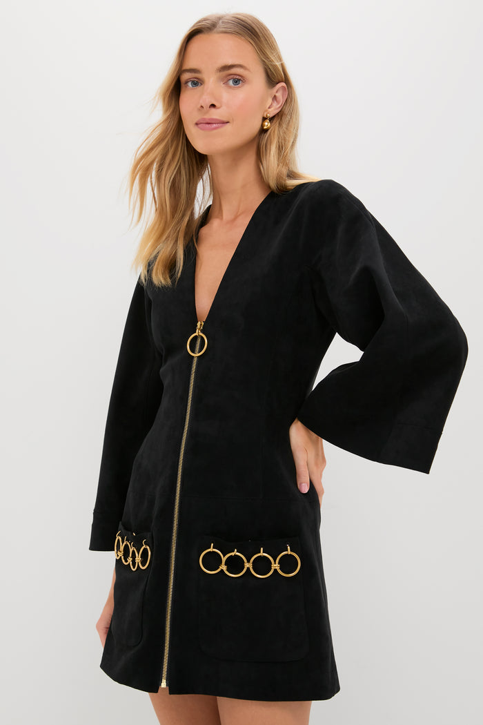 Black Anesa Suede Zip-Front Mini Dress