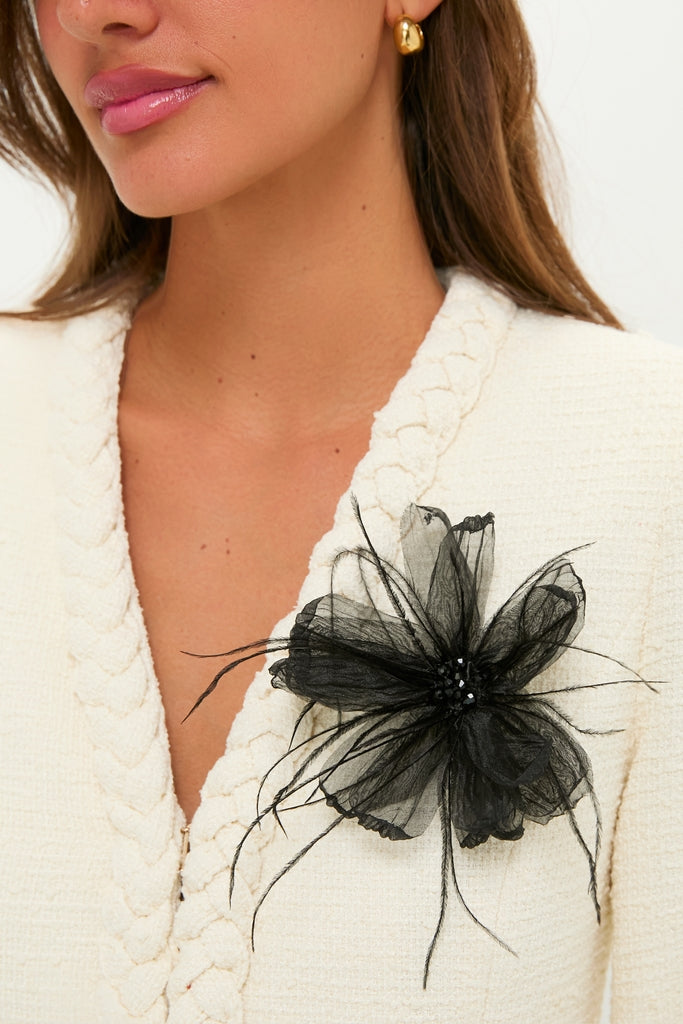 Black Embellished Feather Floral Pin