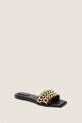 Black Faye Beaded Leather Flat Slides featuring a classic slip-on design with gold-tone woven strap, embodying effortless elegance and high-end style for a fun, versatile look.