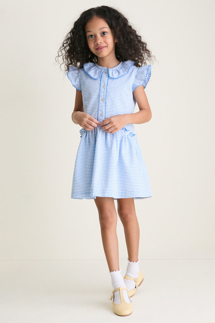 Young girl in a classic Blue Gingham Fabiola Drop Waist Dress with frill collar and flutter sleeves, embodying effortless fun and high-end style.