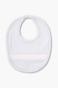 The kissy kissy light blue baby bib is made from soft Pima cotton, features a snap closure, and has a horizontal white textured band across the front.